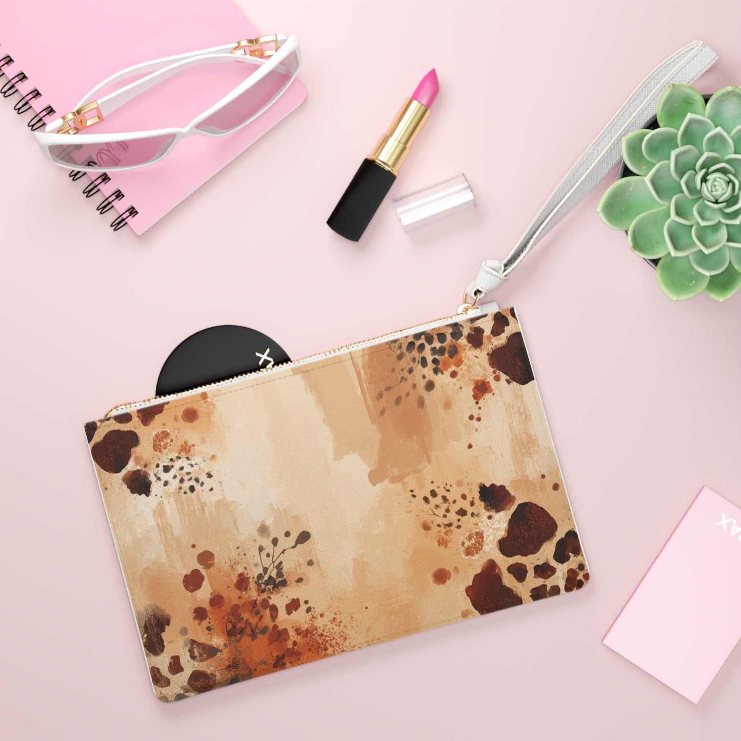 Boho Watercolor Animal Print Clutch Bag.  Neutral Animal Print Wristlet for Everyday & Events