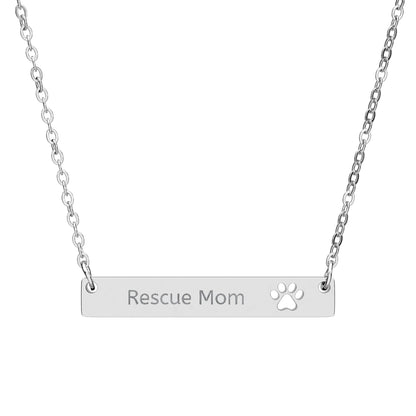 Paw Cutout Bar Necklace — Personalized "Rescue Mom" Engraved Pet Jewelry