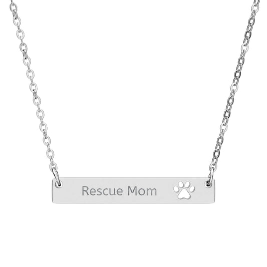 Paw Cutout Bar Necklace — Personalized "Rescue Mom" Engraved Pet Jewelry