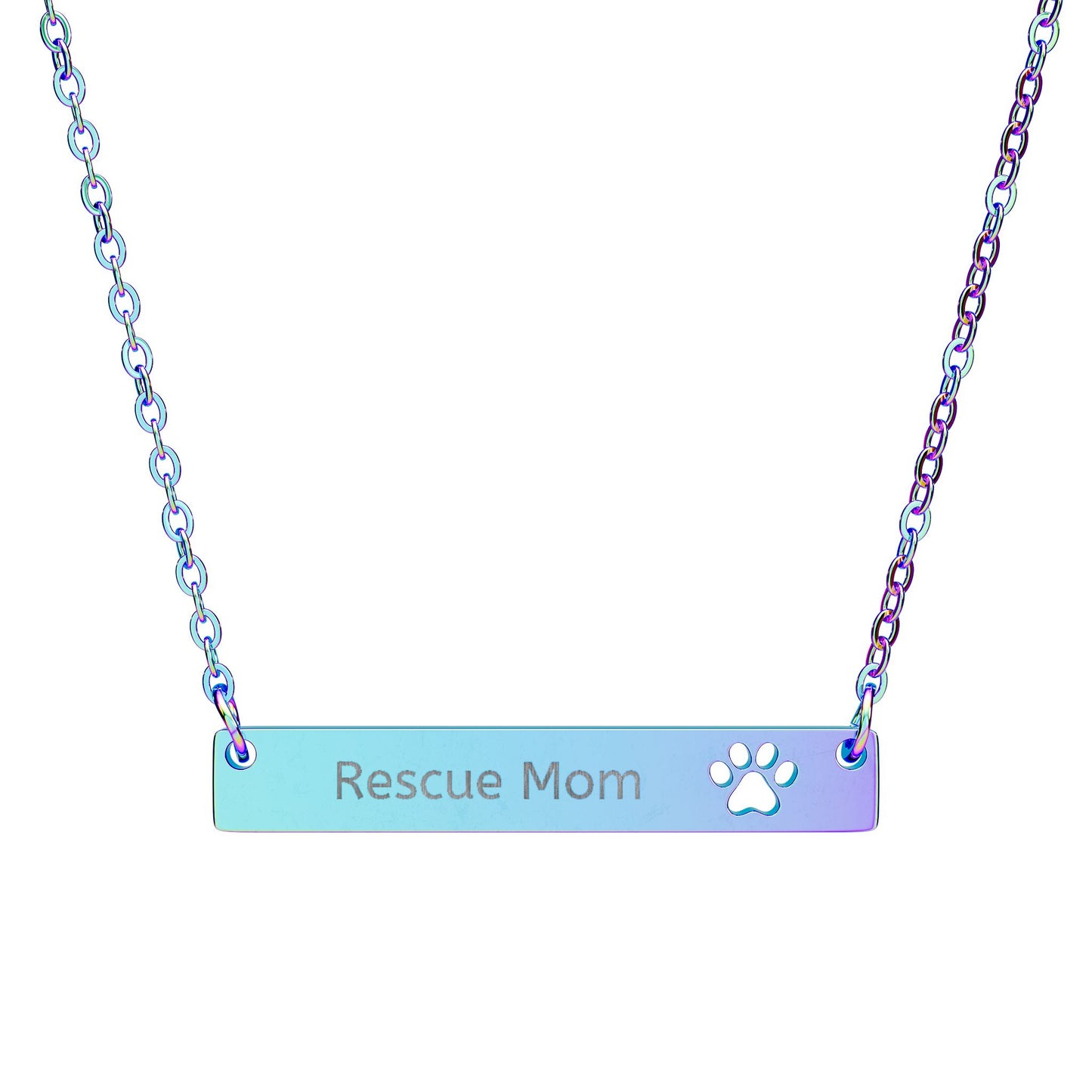 Paw Cutout Bar Necklace — Personalized "Rescue Mom" Engraved Pet Jewelry